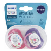 Avent 2 Chupetes Ultra Air Animals 6+18  Meses  Niña 